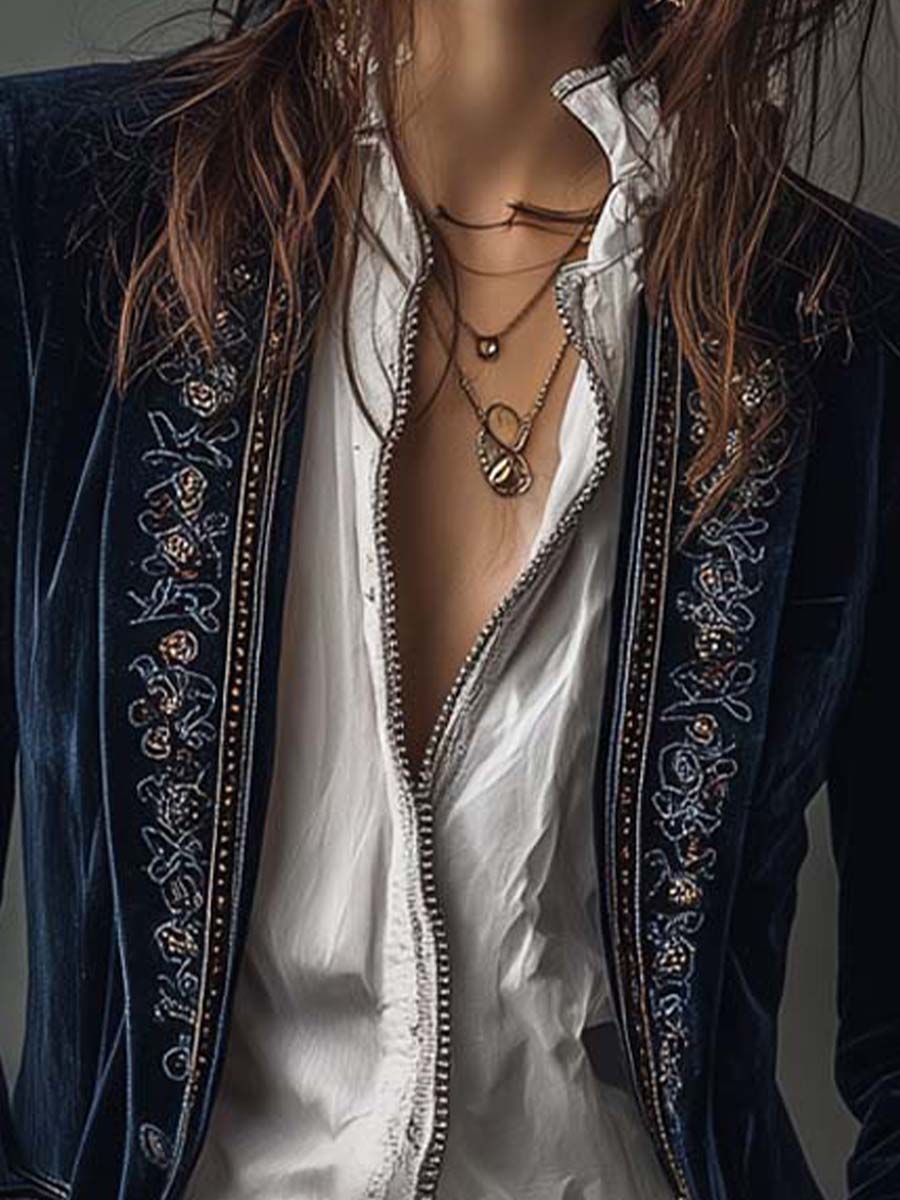 Chaqueta larga vintage de terciopelo de poliéster azul marino con bordado