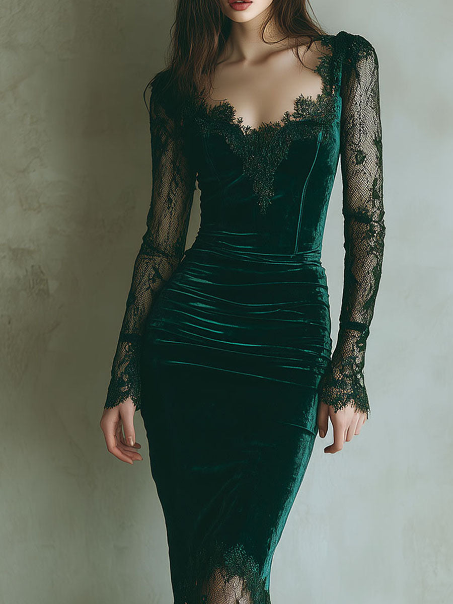 Elegante vestido midi verde de terciopelo con encaje y mangas largas