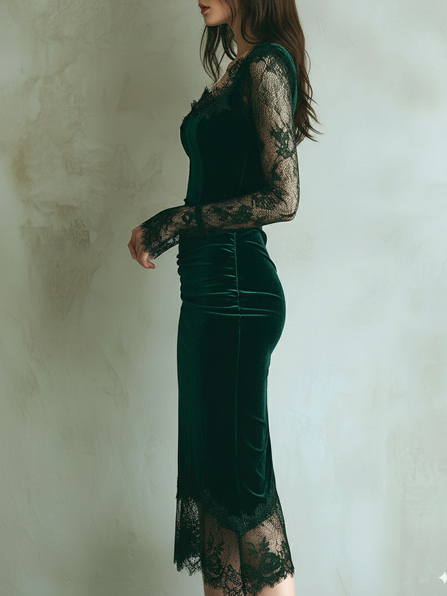 Elegante vestido midi verde de terciopelo con encaje y mangas largas