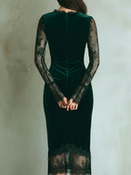 Elegante vestido midi verde de terciopelo con encaje y mangas largas