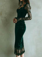 Elegante vestido midi verde de terciopelo con encaje y mangas largas