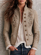 Chaqueta retro beige con cuello mao, bordado floral y ribete trenzado