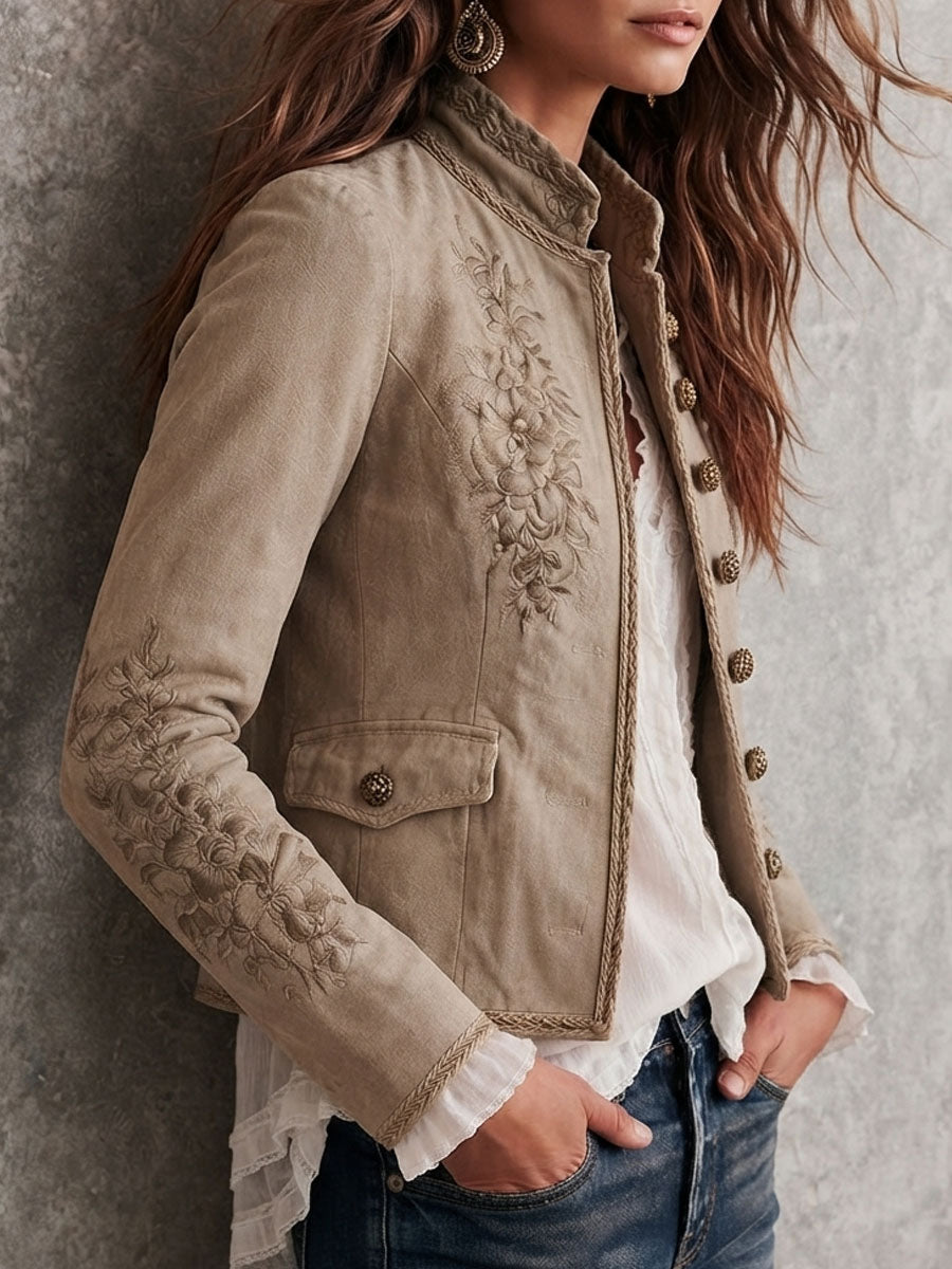 Chaqueta retro beige con cuello mao, bordado floral y ribete trenzado