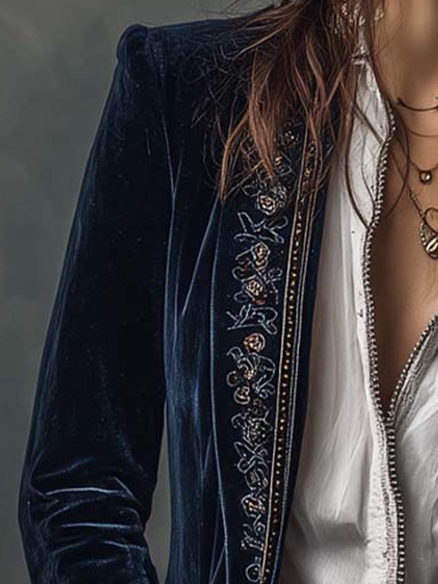 Chaqueta larga vintage de terciopelo de poliéster azul marino con bordado