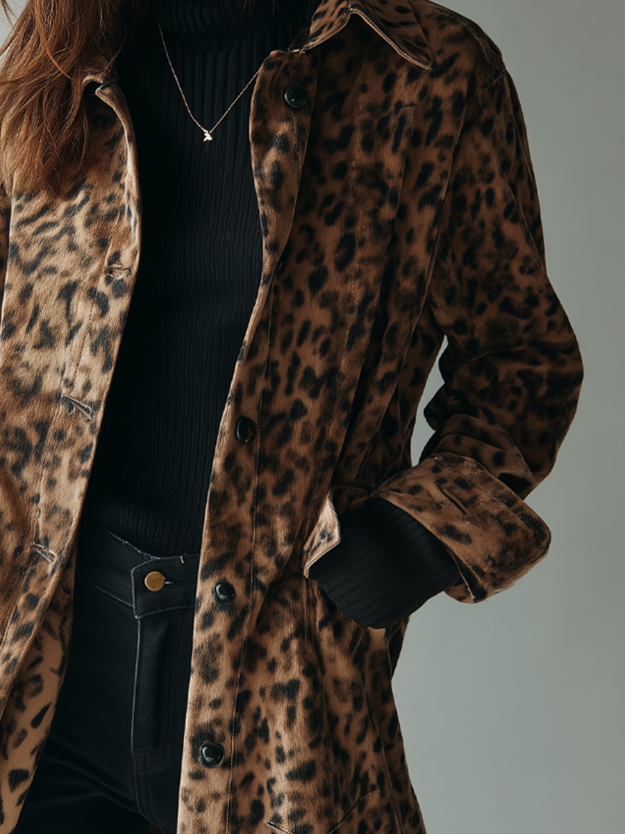 Chaqueta vintage de ante ecológico con estampado de leopardo