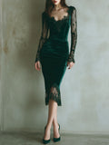 Elegante vestido midi verde de terciopelo con encaje y mangas largas
