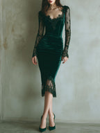 Elegante vestido midi verde de terciopelo con encaje y mangas largas