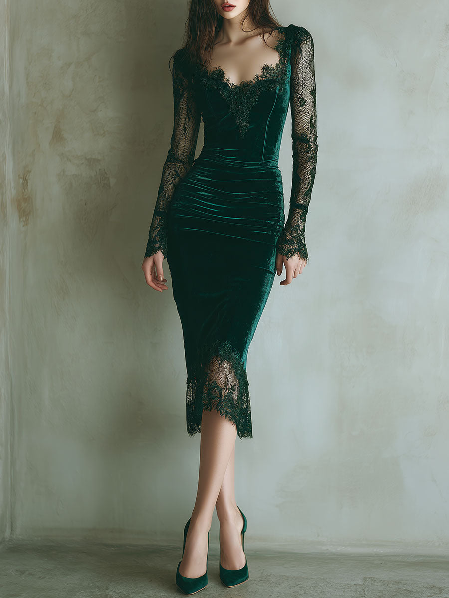 Elegante vestido midi verde de terciopelo con encaje y mangas largas