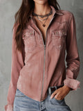 Camisa vaquera western suave, desgastada y lavada, en rosa empolvado, con cremallera