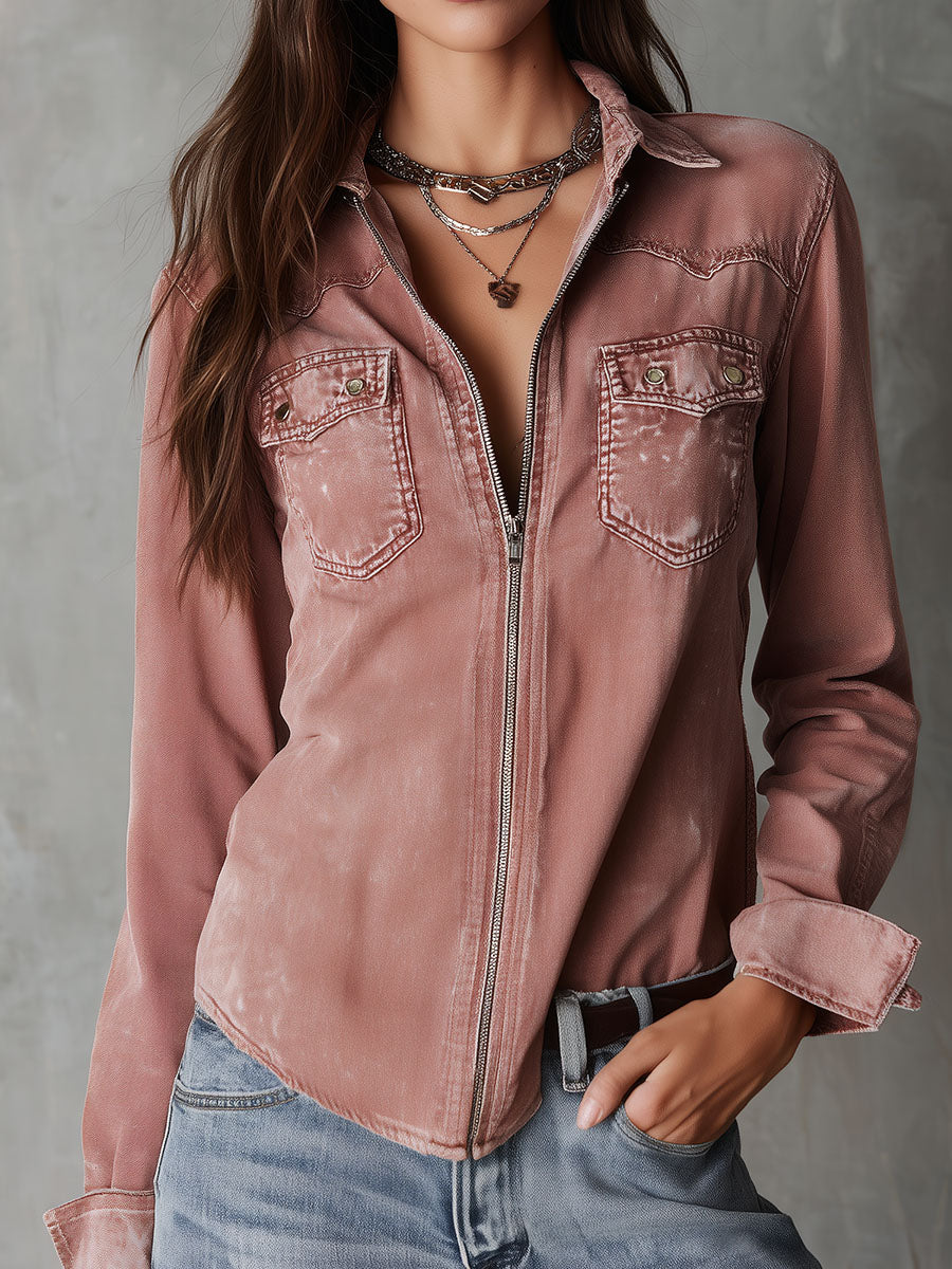 Camisa vaquera western suave, desgastada y lavada, en rosa empolvado, con cremallera