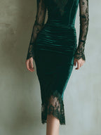 Elegante vestido midi verde de terciopelo con encaje y mangas largas