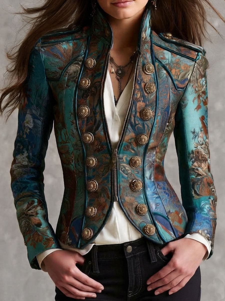 Chaqueta corta entallada tipo cropped con botones de patrón barroco victoriano y charreteras