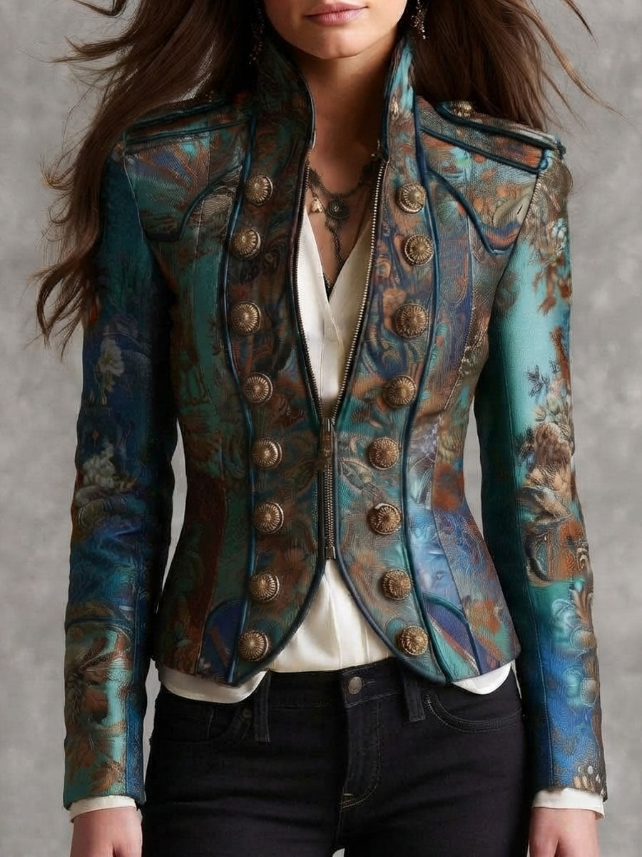 Chaqueta corta entallada tipo cropped con botones de patrón barroco victoriano y charreteras