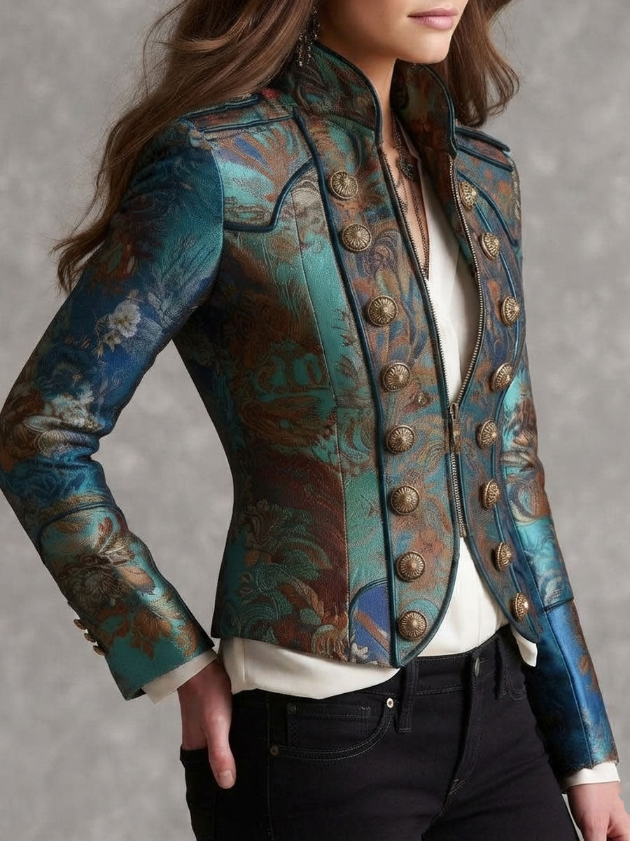 Chaqueta corta entallada tipo cropped con botones de patrón barroco victoriano y charreteras
