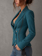 Blazer corto elegante de doble botonadura, con panel de encaje y cintura tipo corsé