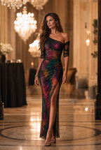 Vestido maxi de noche elegante y retro con estampado galáctico, un hombro y malla fruncida