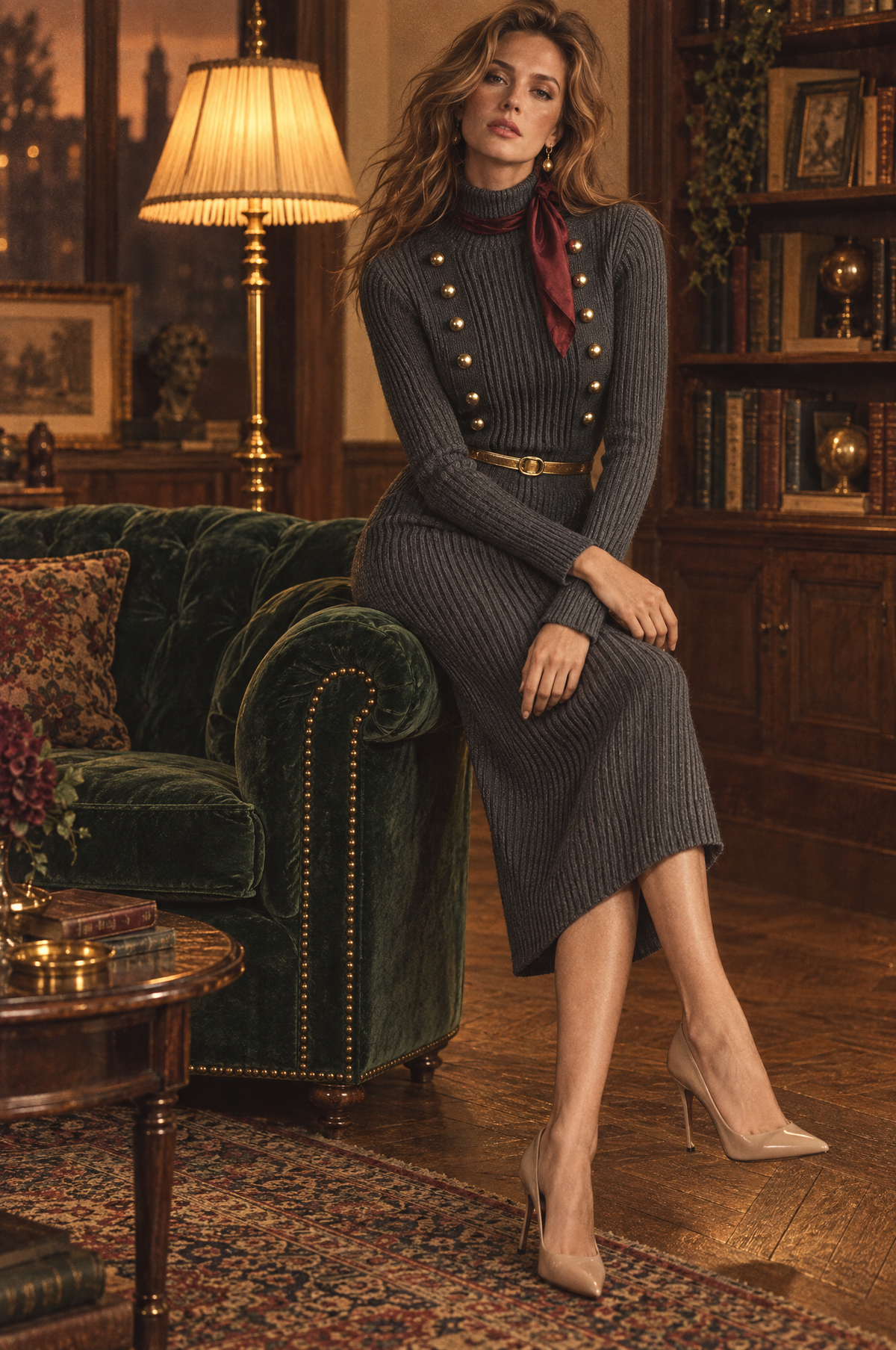 Vestido midi de punto acanalado estilo napoleónico con detalle de botones dorados