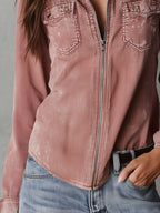 Camisa vaquera western suave, desgastada y lavada, en rosa empolvado, con cremallera
