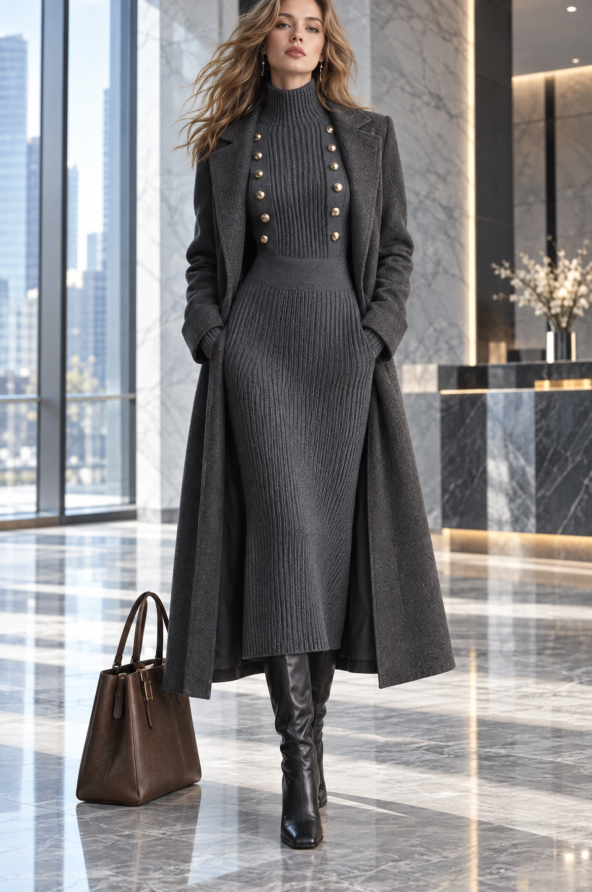 Vestido midi de punto acanalado estilo napoleónico con detalle de botones dorados