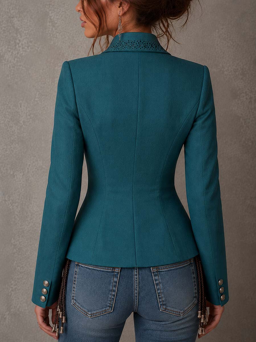 Blazer corto elegante de doble botonadura, con panel de encaje y cintura tipo corsé