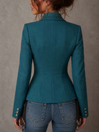 Blazer corto elegante de doble botonadura, con panel de encaje y cintura tipo corsé