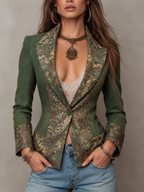 Blazer entallado verde oliva de un solo botón, con solapas y puños en contraste de tapiz floral vintage