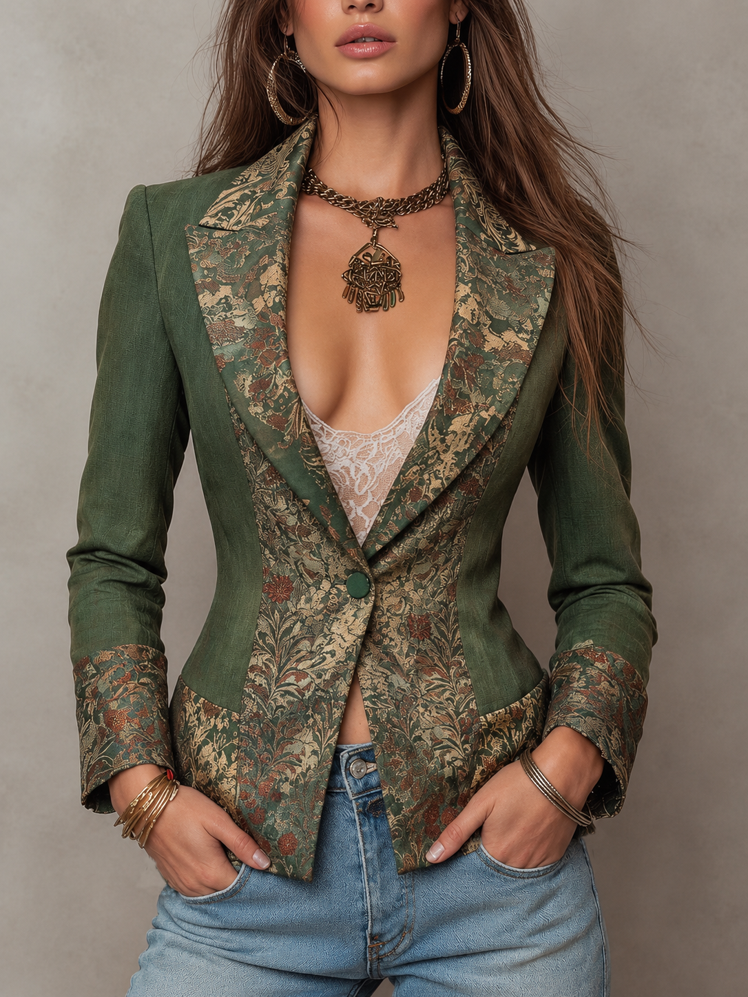 Blazer entallado verde oliva de un solo botón, con solapas y puños en contraste de tapiz floral vintage
