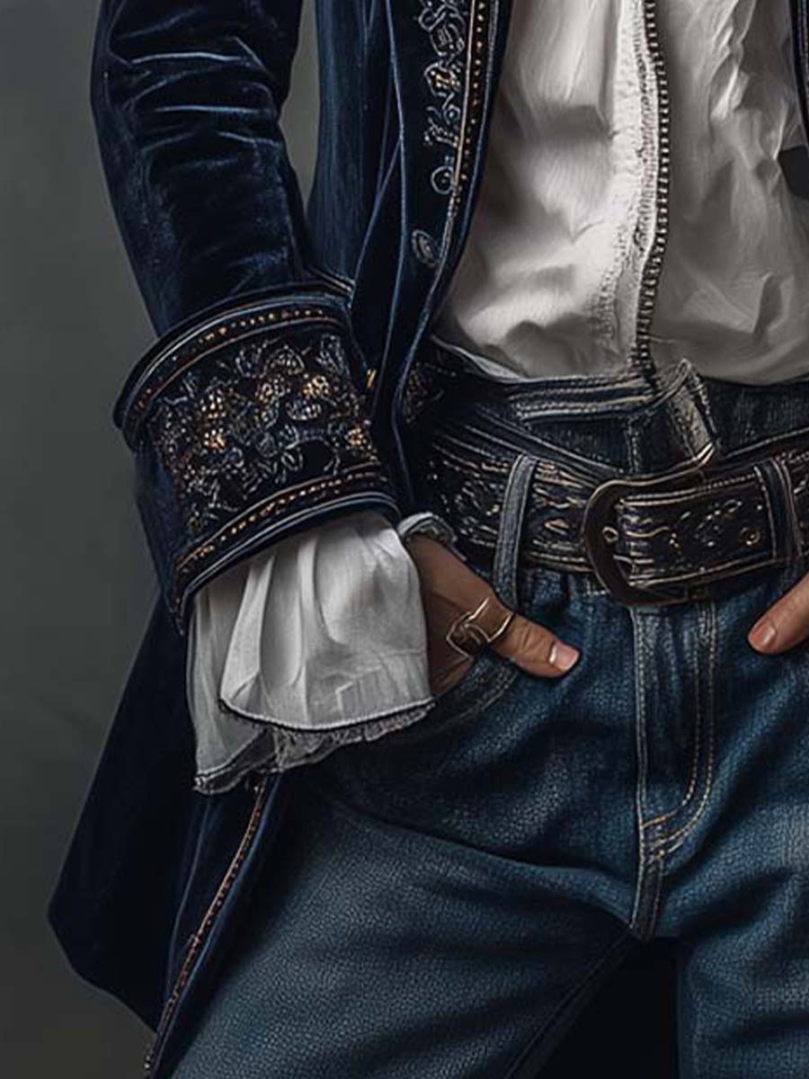 Chaqueta larga vintage de terciopelo de poliéster azul marino con bordado