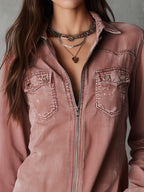 Camisa vaquera western suave, desgastada y lavada, en rosa empolvado, con cremallera