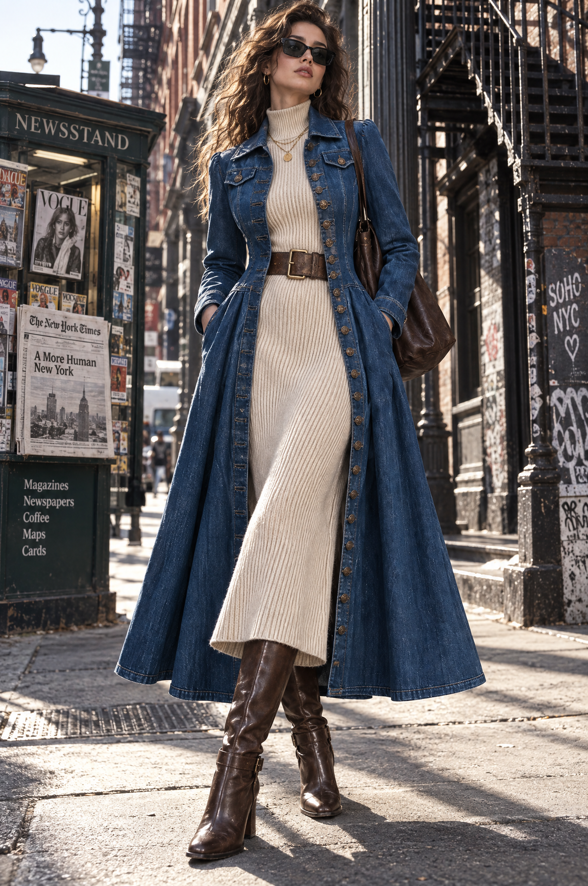 Gabardina vaquera retro larga y entallada de botonadura sencilla