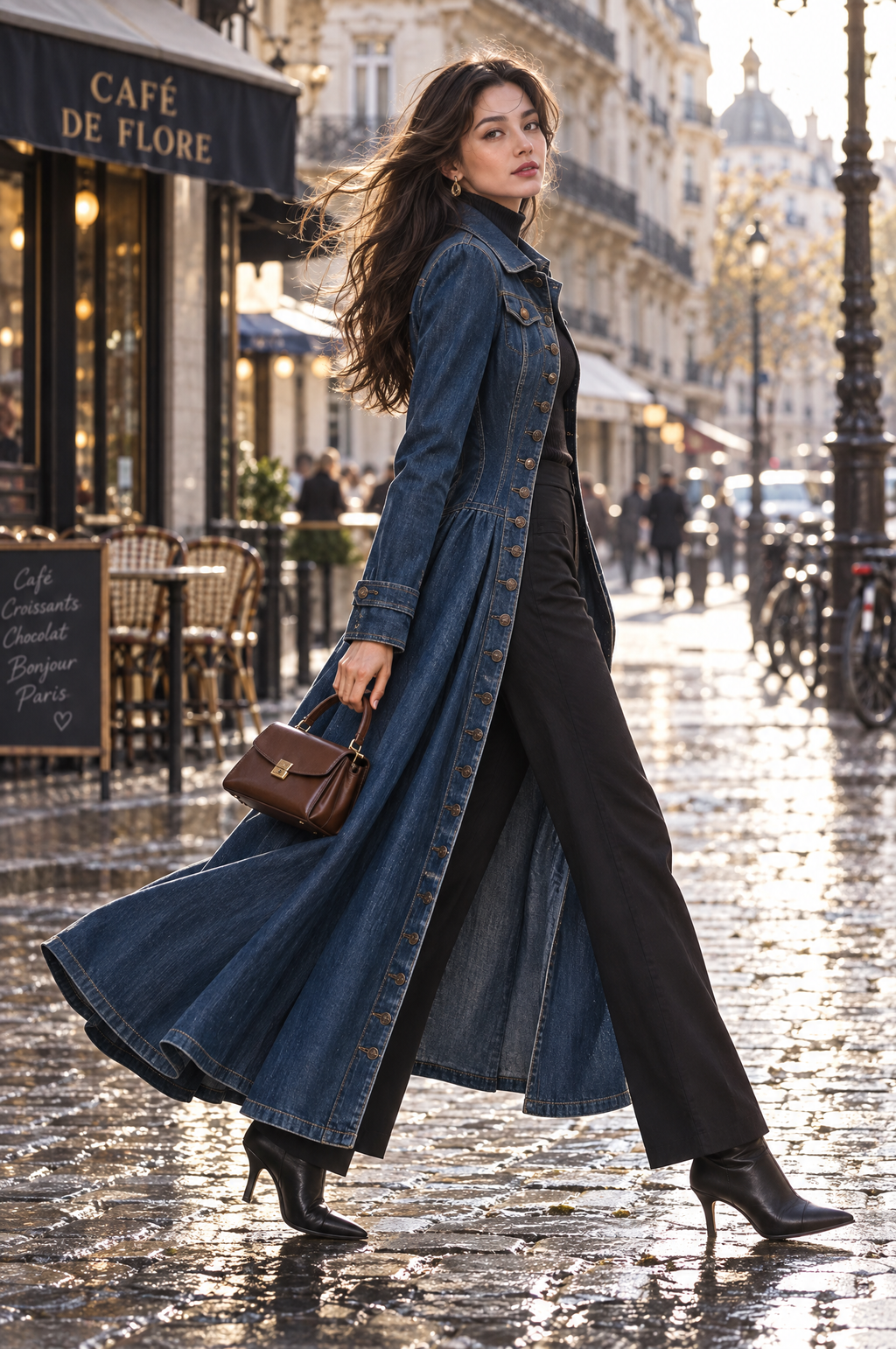 Gabardina vaquera retro larga y entallada de botonadura sencilla