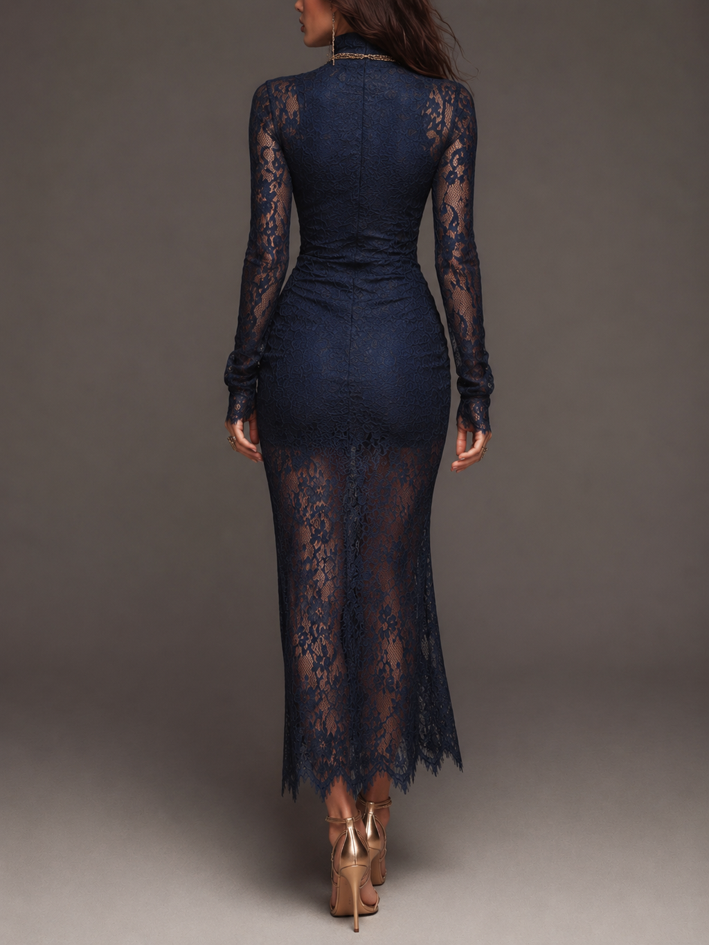 Vestido midi ceñido de encaje floral festoneado, estilo bohemio romántico, con cuello alto, manga larga, fruncido lateral y abertura alta