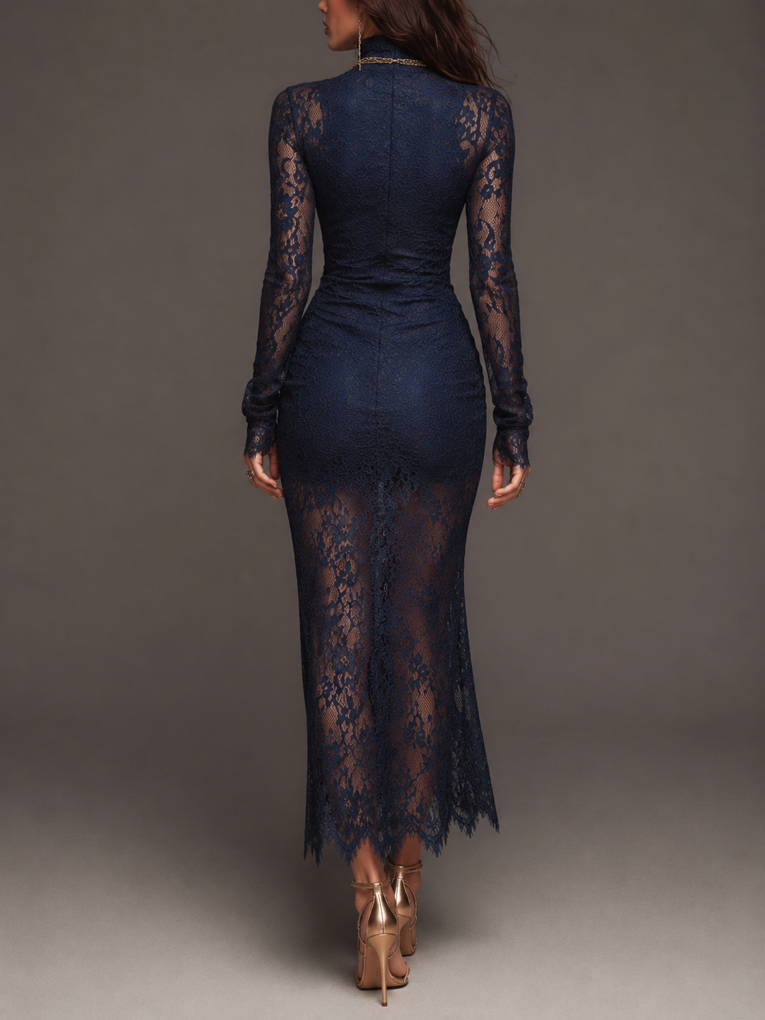Vestido midi ceñido de encaje floral festoneado, estilo bohemio romántico, con cuello alto, manga larga, fruncido lateral y abertura alta