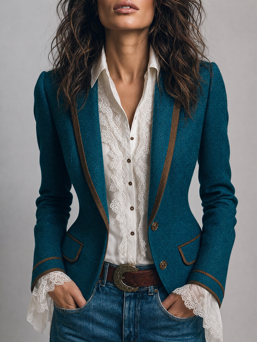 Blazer entallado retro de tweed de espiga con ribete en contraste