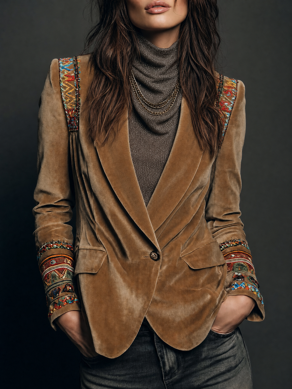 Top bohemio marrón de punto ligero, cuello drapeado, manga larga y corte ajustado