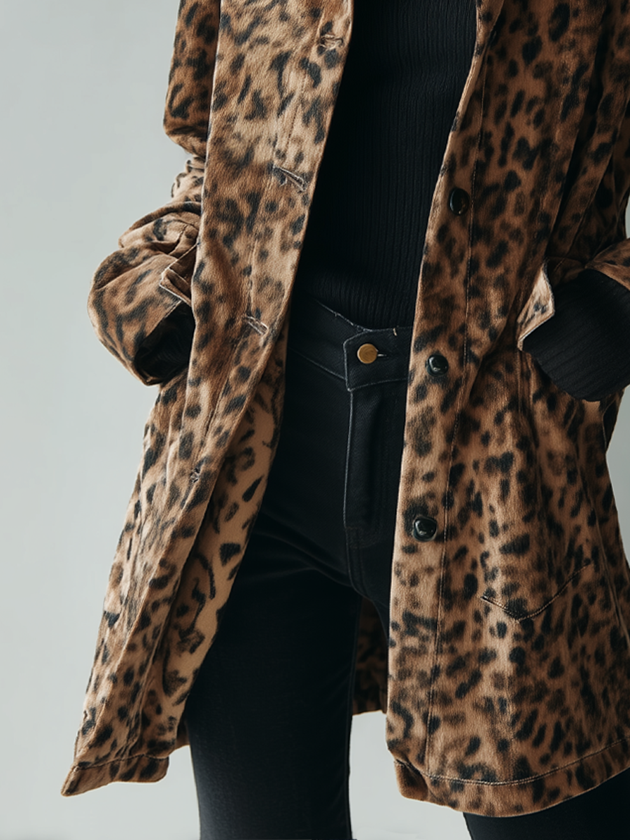 Chaqueta vintage de ante ecológico con estampado de leopardo